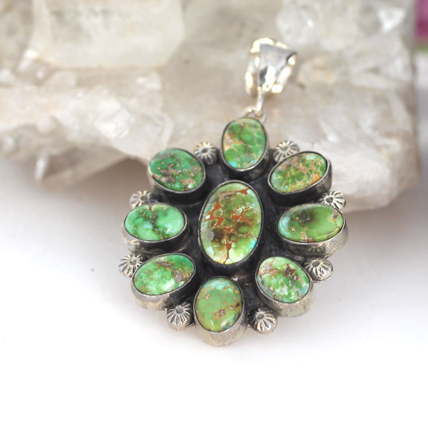 Painterly Catalina Turquoise Pendant Sterling with Southwestern Flowers