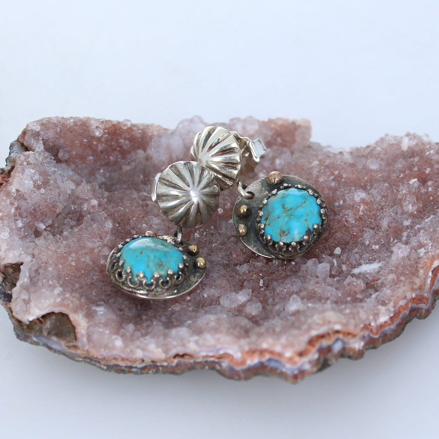 Morenci Turquoise Earrings Gold and Sterling Arizona Southwest -NewWorldGems