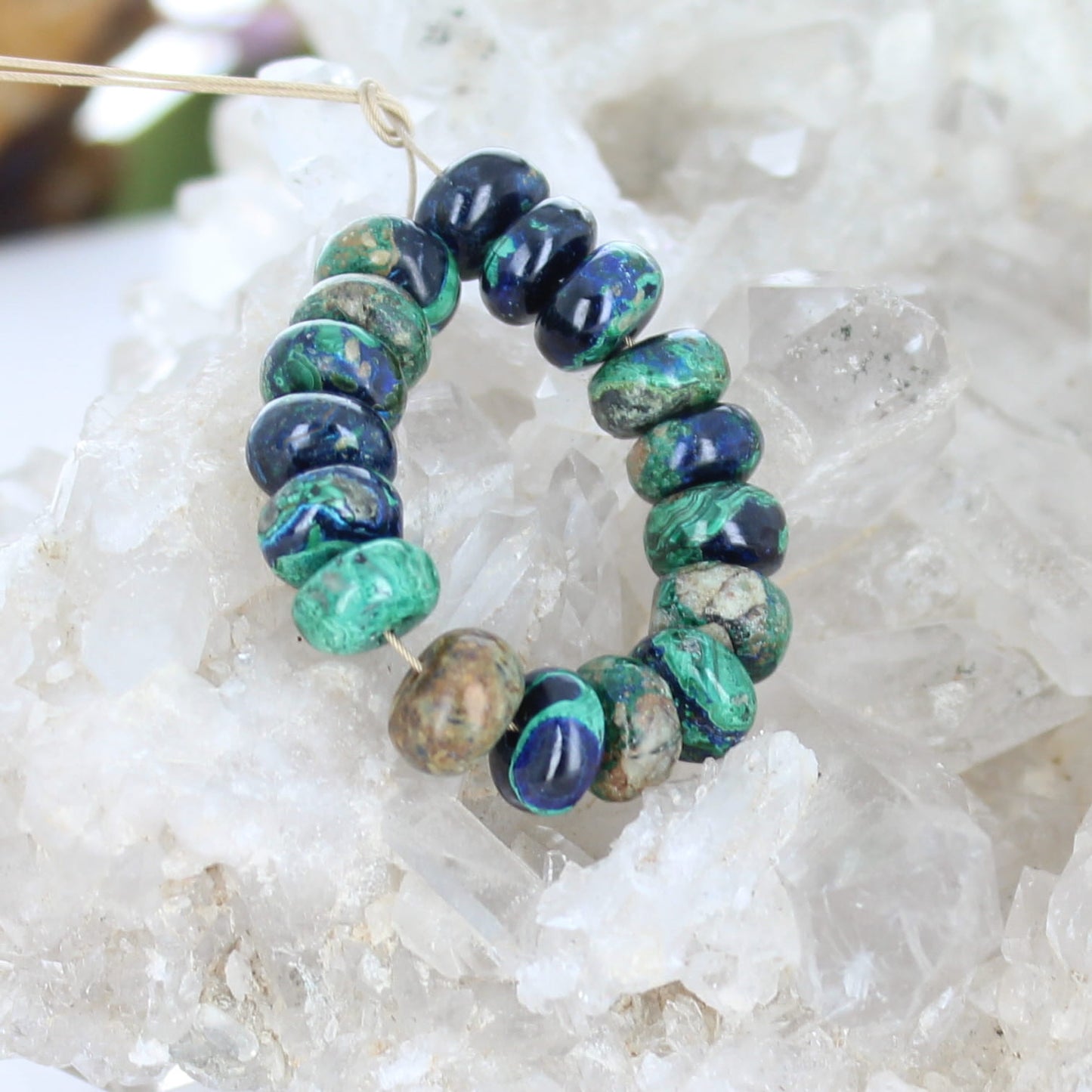 Vintage Stock Arizona Azurite Malacite Beads Rondelles 8mm Jerome, Arizona 17Pcs