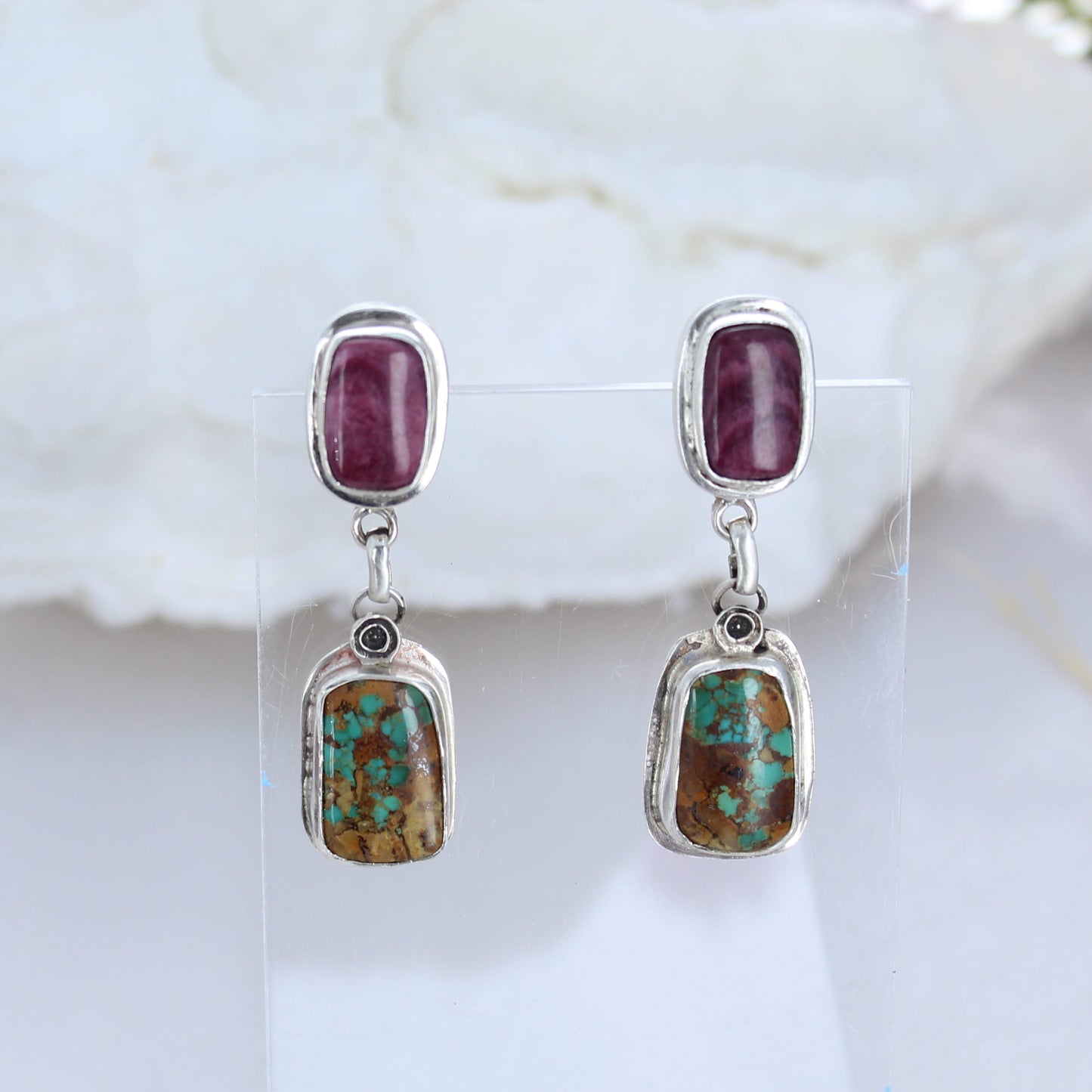 ROYSTON Turquoise Earrings with Purple Spiny Oyster Sterling -NewWorldGems
