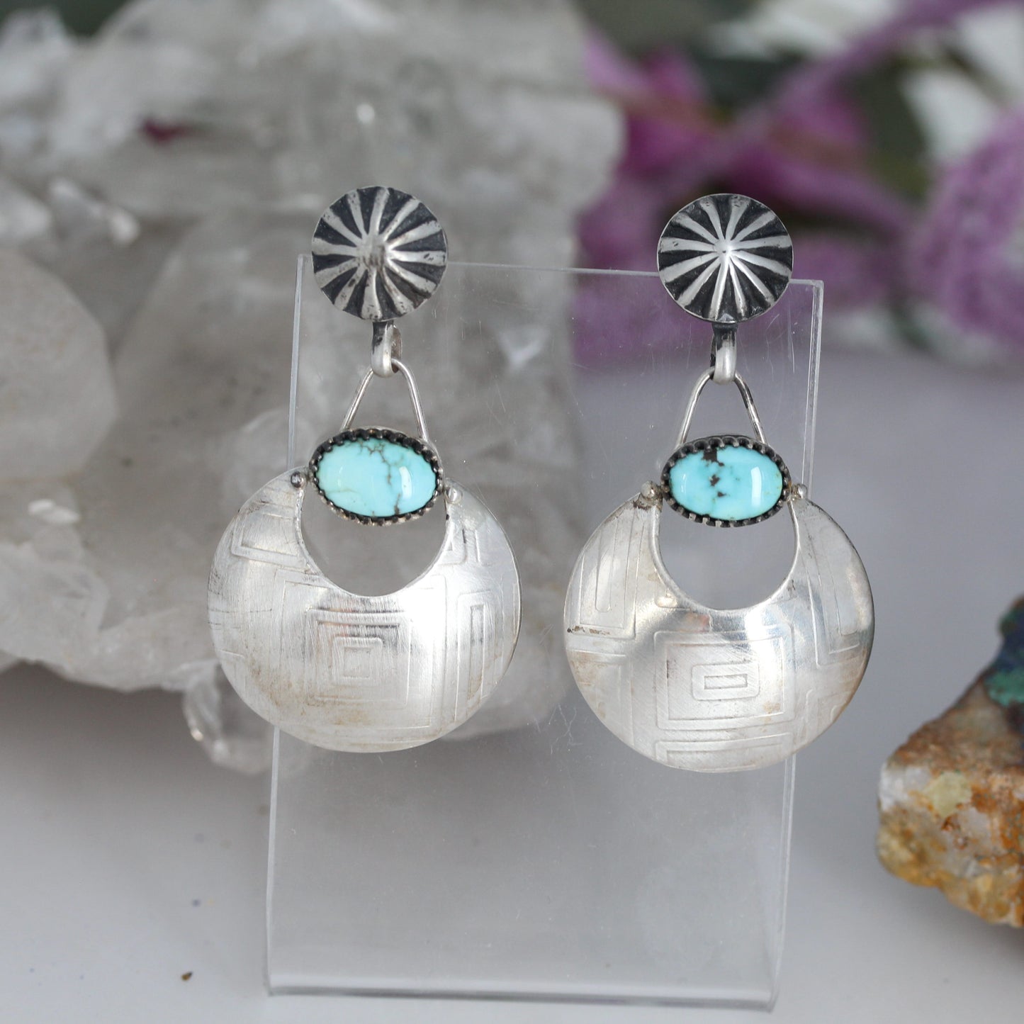 DRY CREEK Turquoise Earrings Sterling Sunburst Posts Moon Shaped