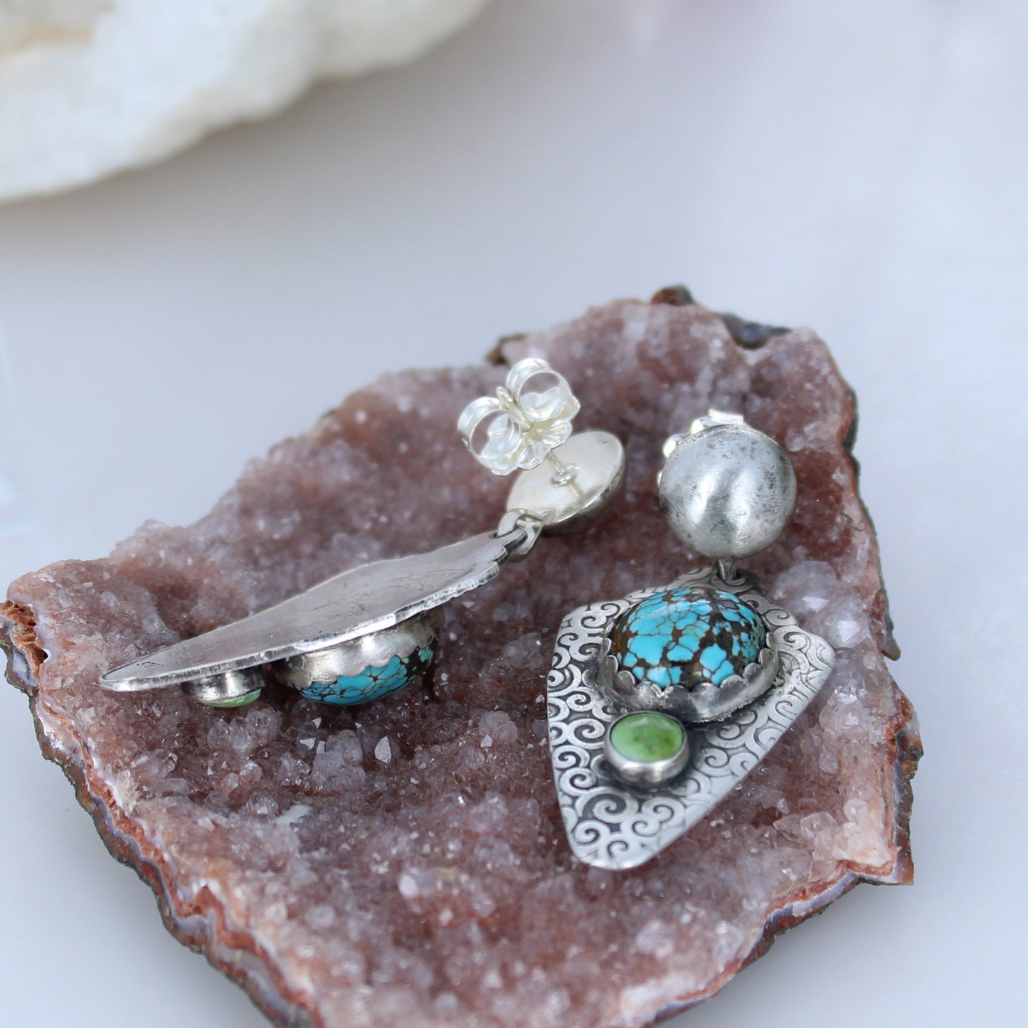 Sterling Arrowhead Earrings Blue Moon Turquoise with Sonoran Turquoise -NewWorldGems
