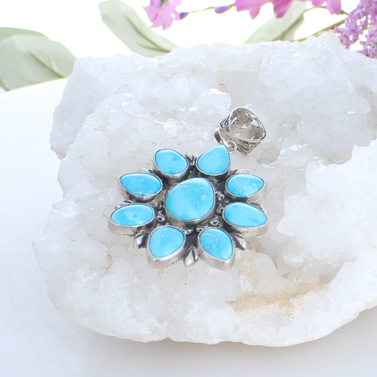 Bright Blue Ridge Nevada Turquoise Pendant Sterling Silver 9 Stone Gorgeous -NewWorldGems