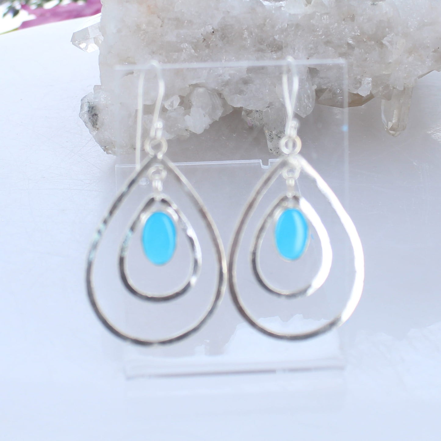 Bright Blue Sonoran Oval Turquoise Earrings Double Hoops Sterling