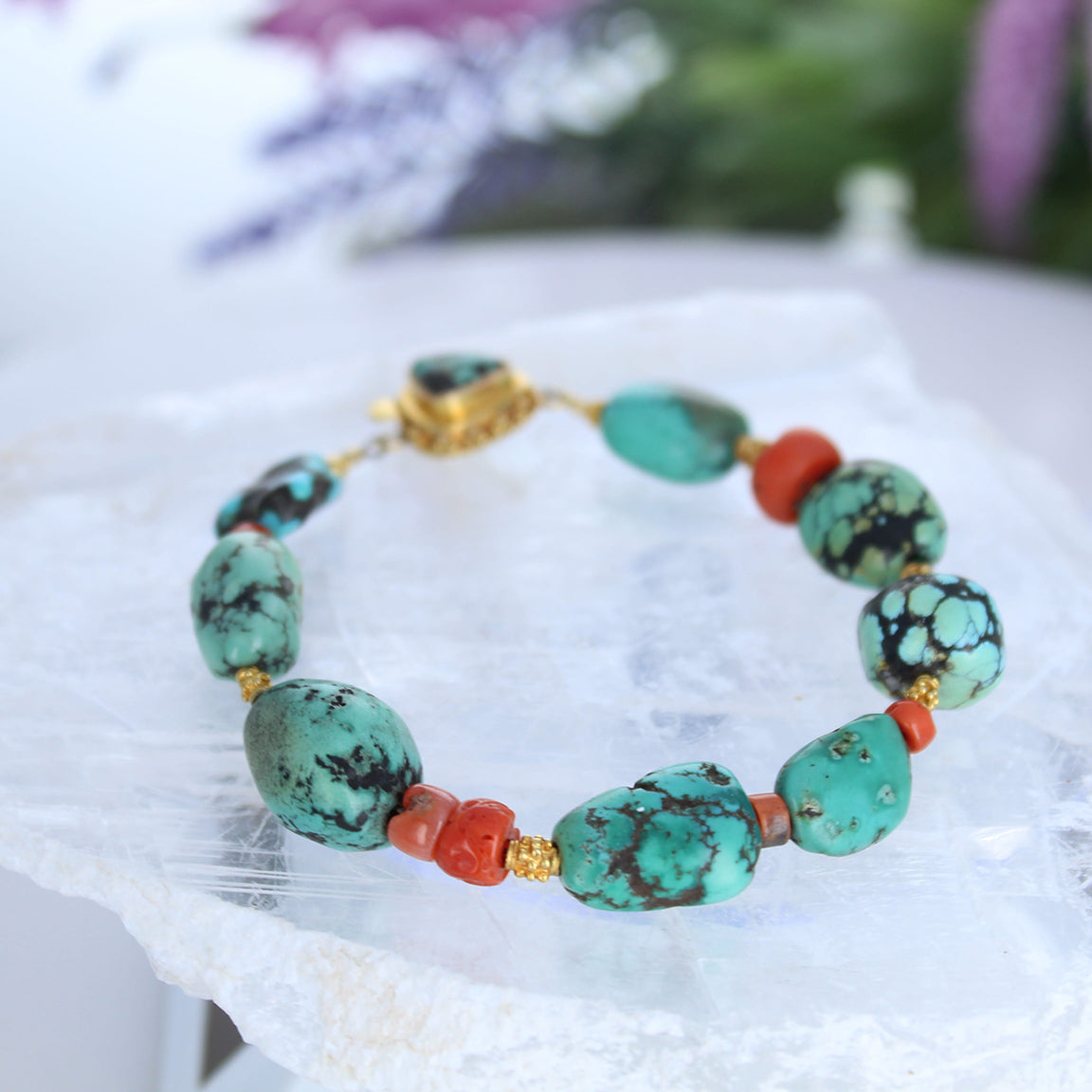 Antique Tibetan Turquoise with Coral And 18K Gold Bracelet #1