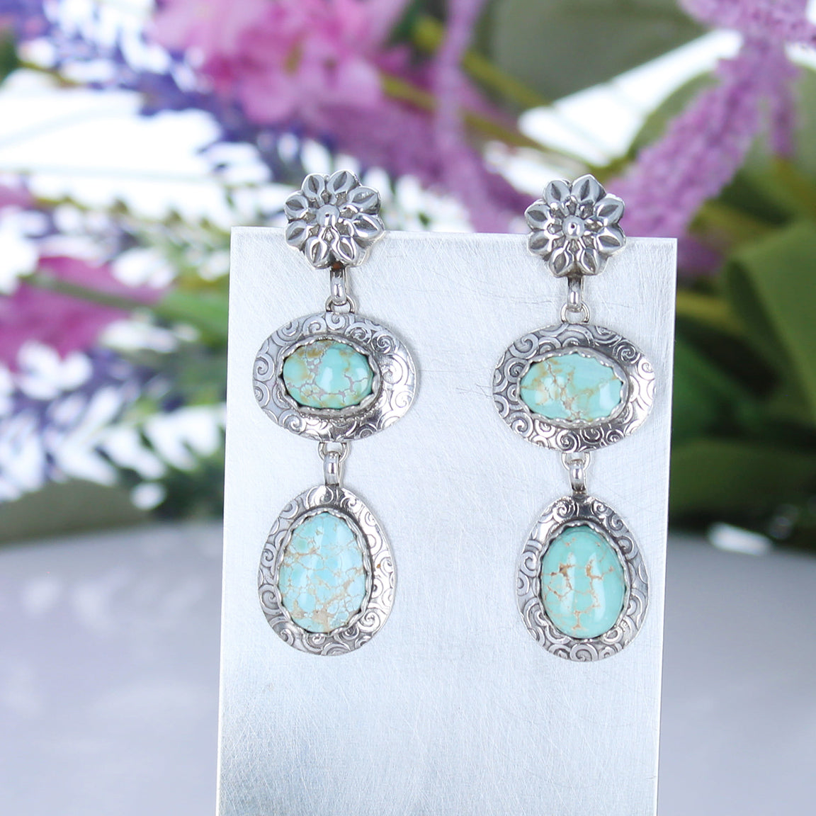 Carico Lake Turquoise Earrings 2 Stone Sky Blue Spiral Design Sterling