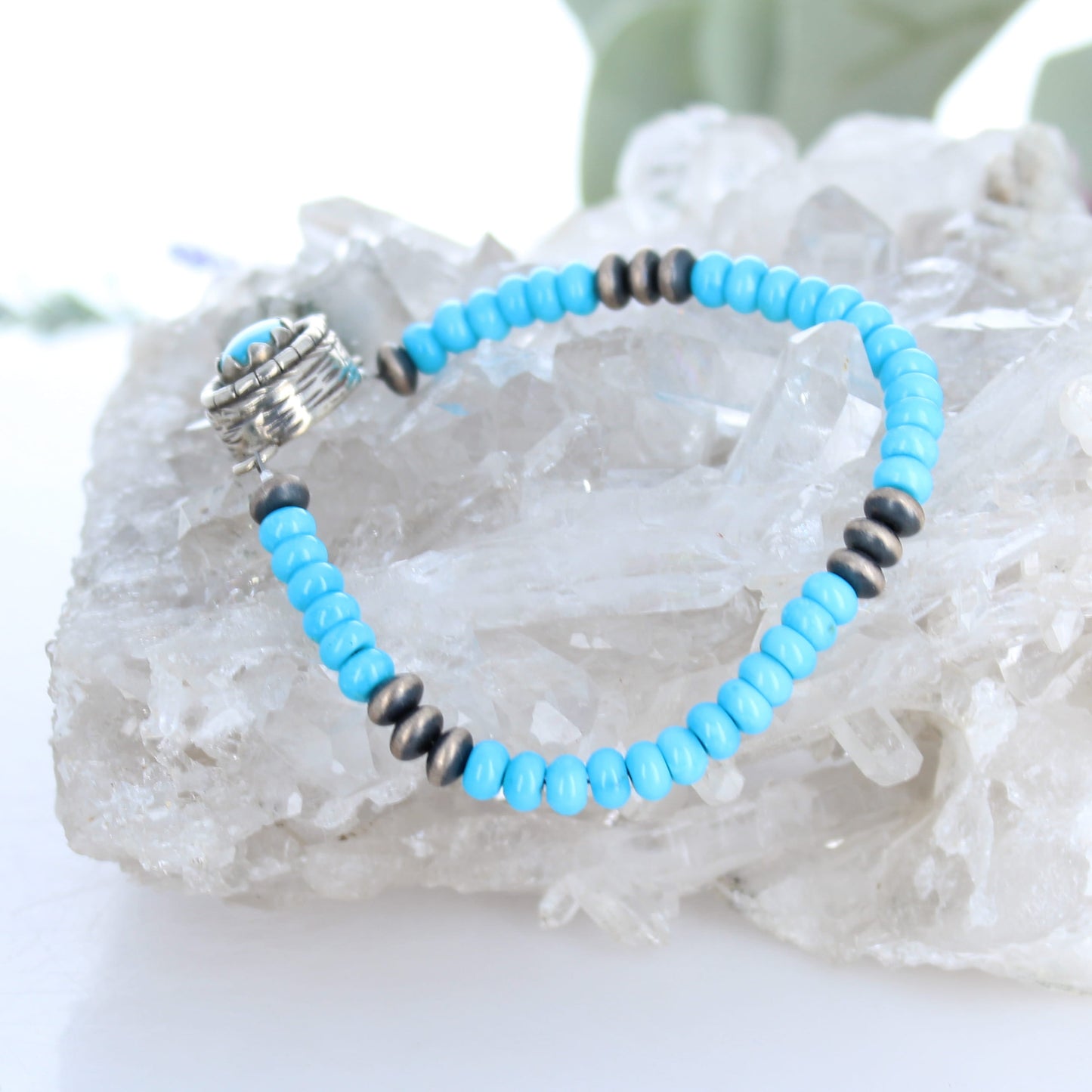 AAA Sleeping Beauty Turquoise Bracelet 5mm Rondelles with Sterling Navajo Pearls