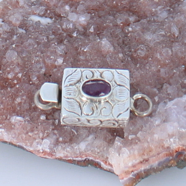 Genuine Faceted Ruby Clasp Sterling 4x6mm Etched Design -NewWorldGems