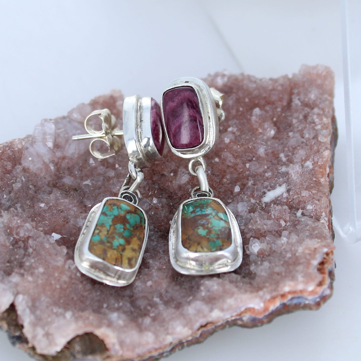 ROYSTON Turquoise Earrings with Purple Spiny Oyster Sterling -NewWorldGems