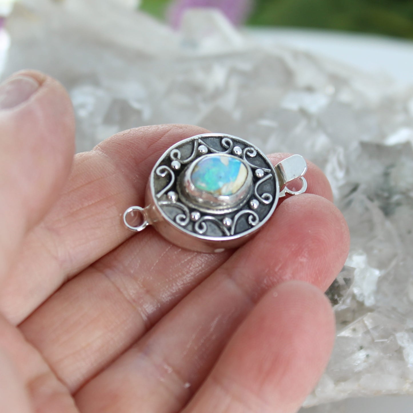 Australian Light Blue Crystal Opal Clasp Sterling Oval Wire Design