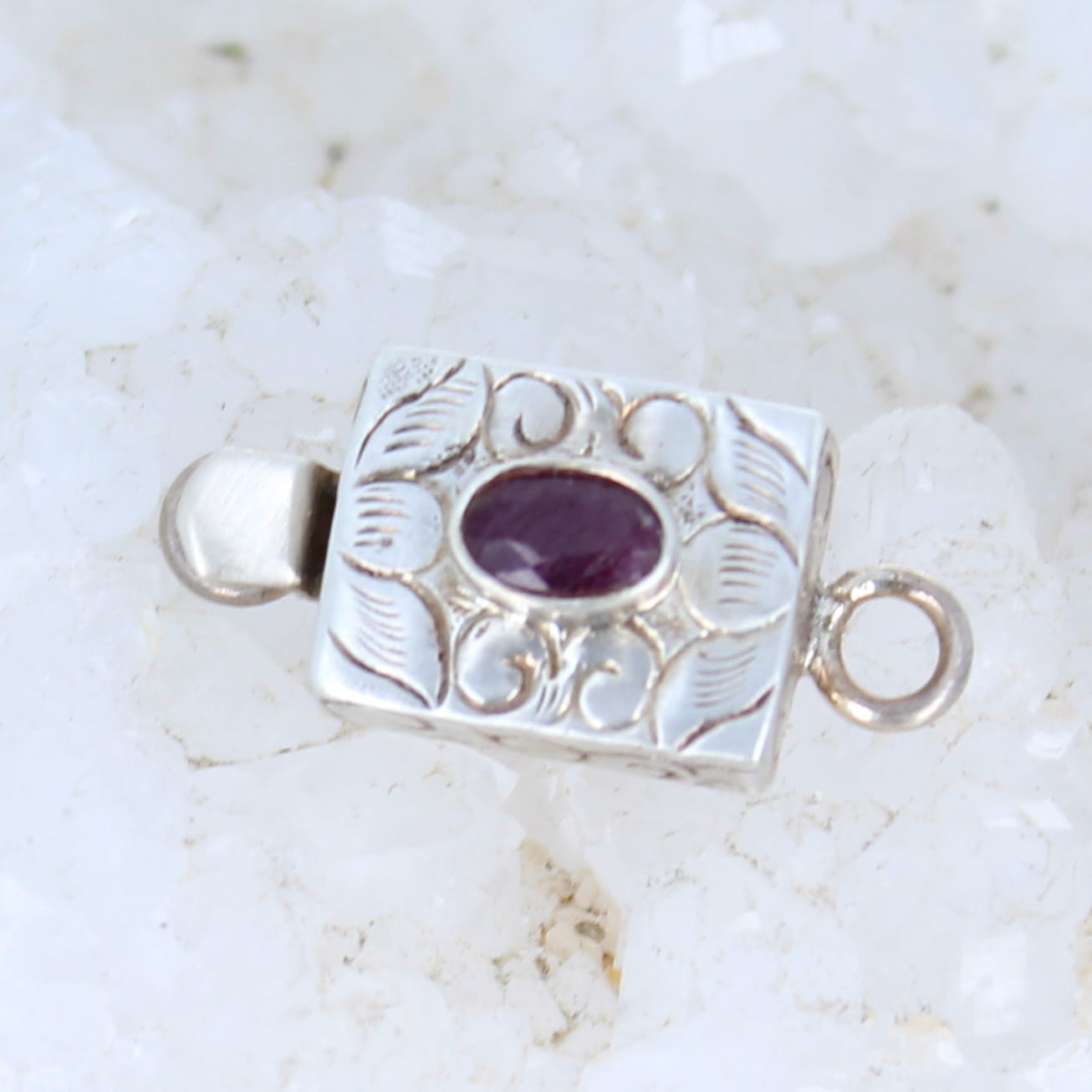 Genuine Faceted Ruby Clasp Sterling 4x6mm Etched Design -NewWorldGems