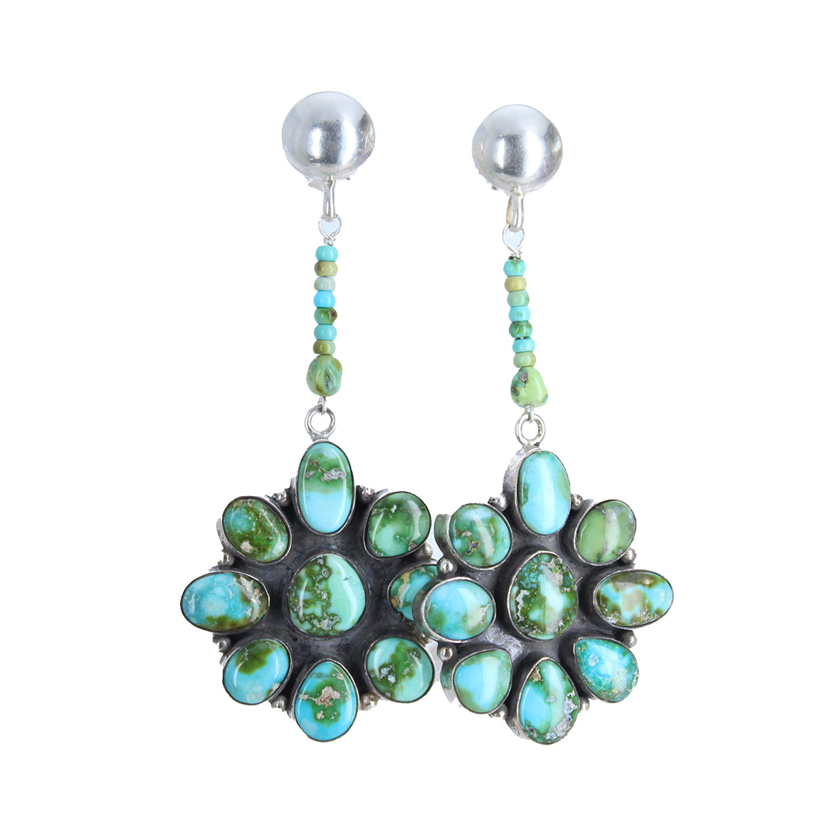 Sonoran Gold Turquoise Earrings Sterling Large Floral with Turquoise Beads 3"