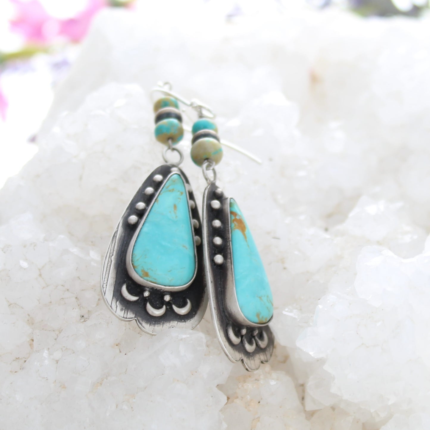 Beautiful Sky Blue Kingman Turquoise Earrings Long Teardrops with Moon Design