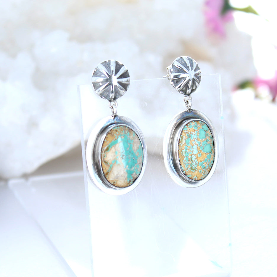 Carico Lake Turquoise Earrings Pseudomorph Clam Ovals Sterling -NewWorldGems