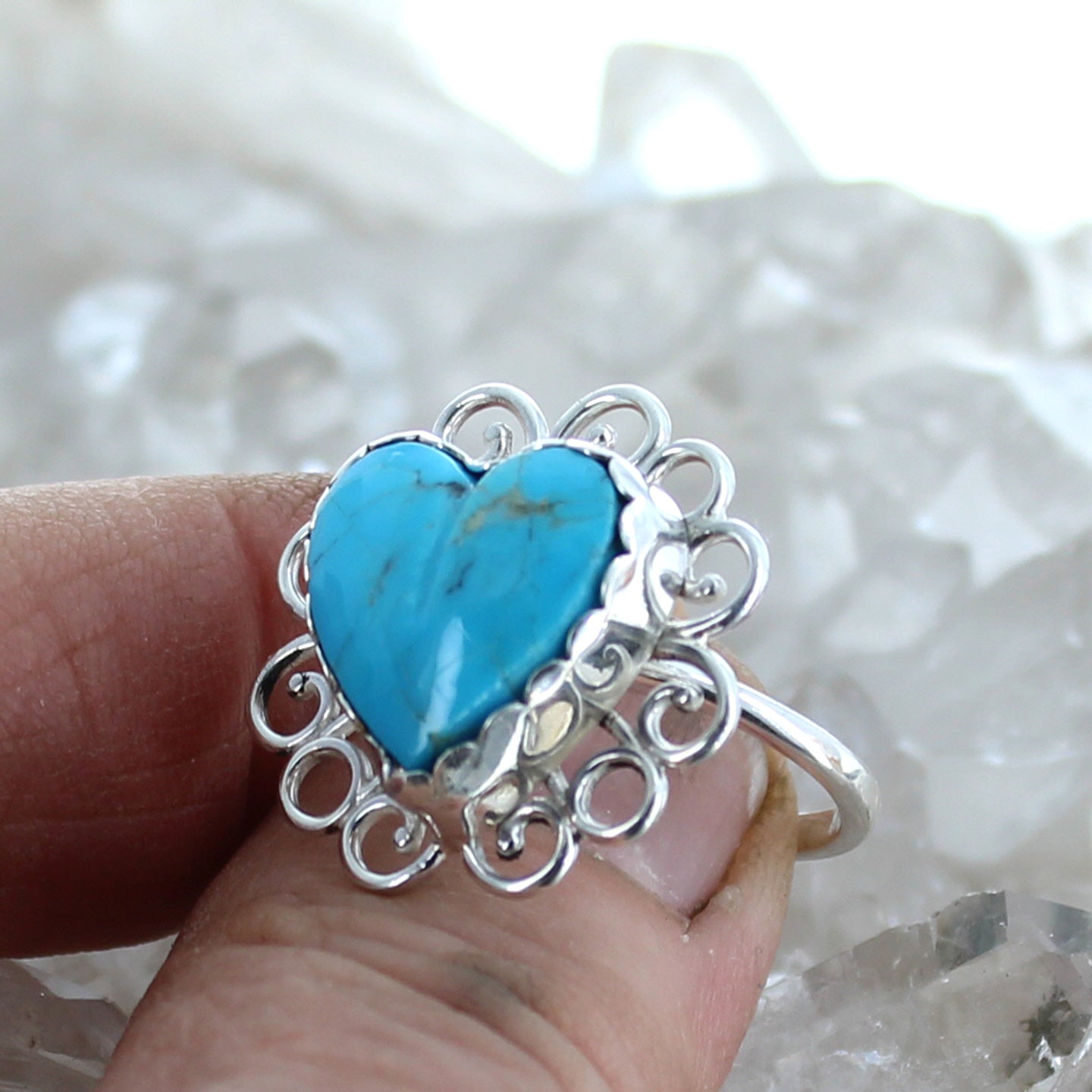 BRIGHT KINGMAN TURQUOISE Heart Ring Sterling Size 6.5 Spirals -NewWorldGems