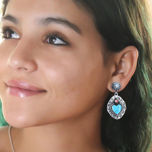 Kingman Turquoise and Spiny Oyster Hearts Cowgirl Earrings Bright Sky Blue