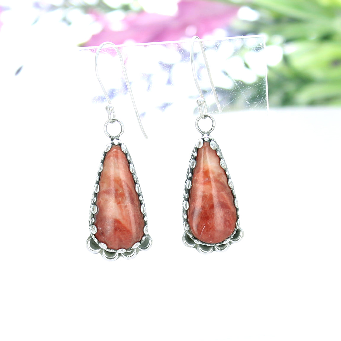 Spiny Oyster Earrings Long Teardrops with Moon Design Sterling