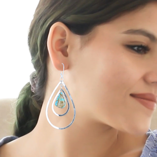 Royston Teardrop Turquoise Earrings Double Hoops Sterling Silver