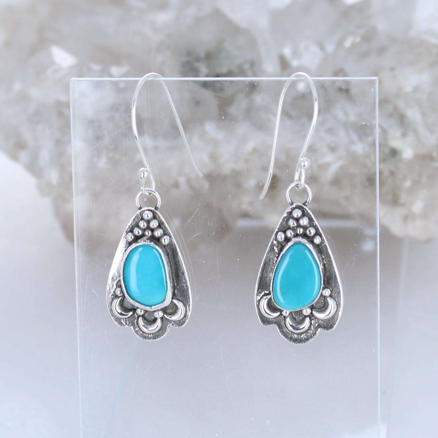 Beautiful Sky Blue Kingman Turquoise Earrings Teardrops with Moon Design