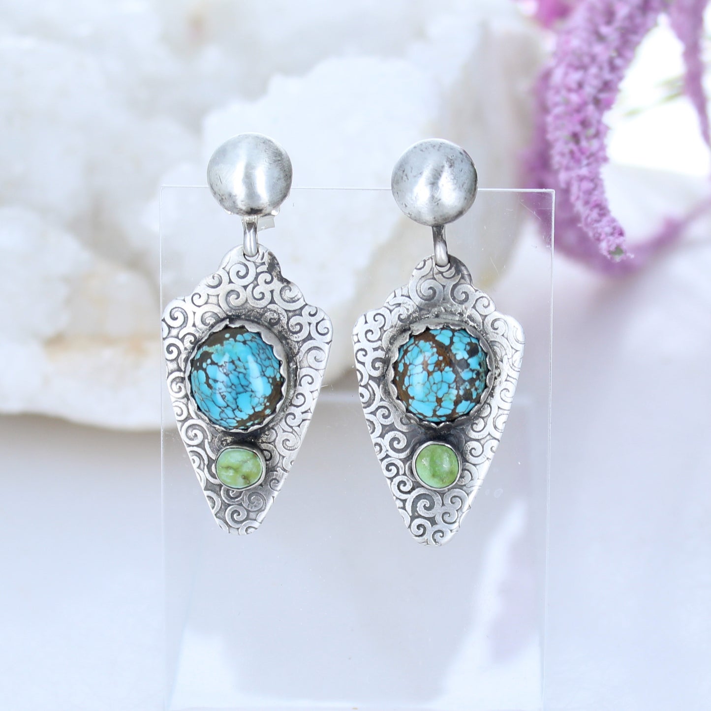 Sterling Arrowhead Earrings Blue Moon Turquoise with Sonoran Turquoise -NewWorldGems