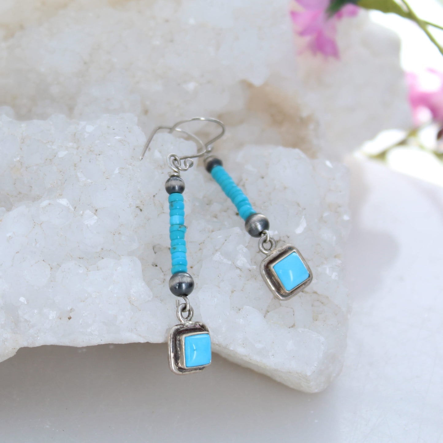 Beaded Sleeping Beauty Turquoise Earrings Sterling Silver Drops