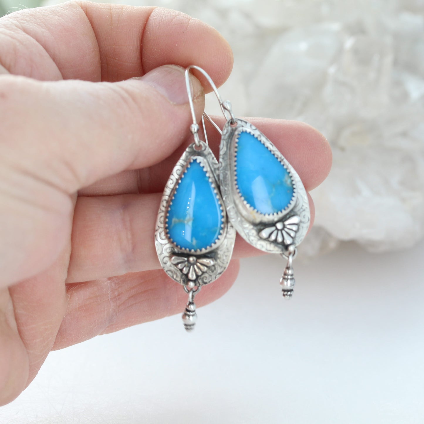 AAA BRILLIANT BLUE Ithaca Turquoise Sterling Earrings Large Teardrops NewWorldGems