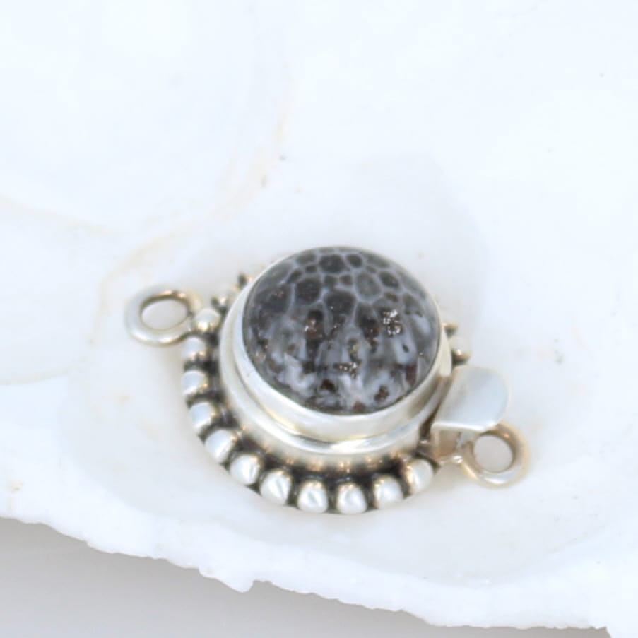 Black Fossil Coral Sterling Clasp Handmade Ball Design #2 -NewWorldGems