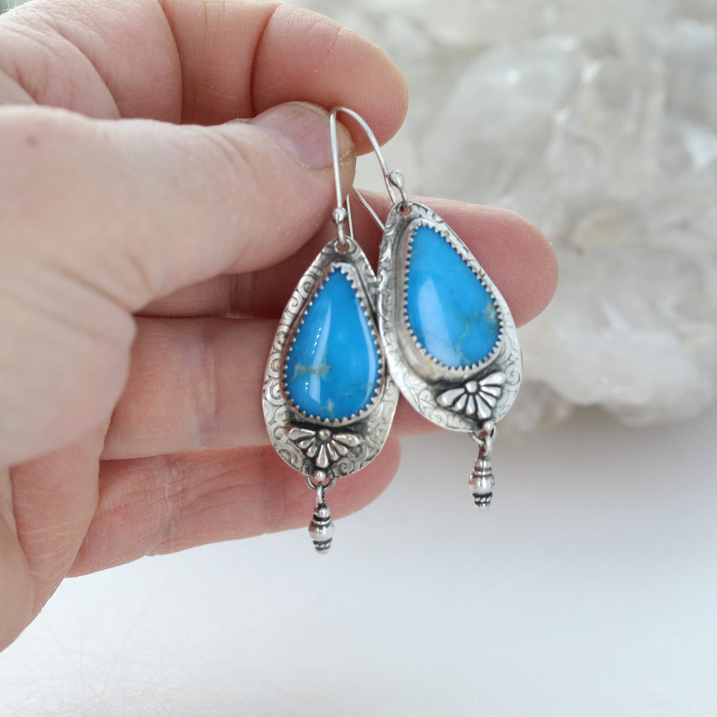 AAA BRILLIANT BLUE Ithaca Turquoise Sterling Earrings Large Teardrops NewWorldGems