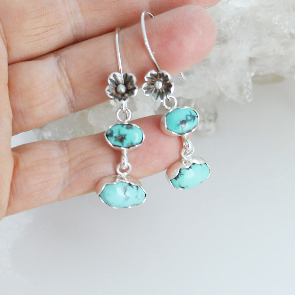 Vintage Godber Mine Turquoise Earrings Sterling Silver 2 Stone