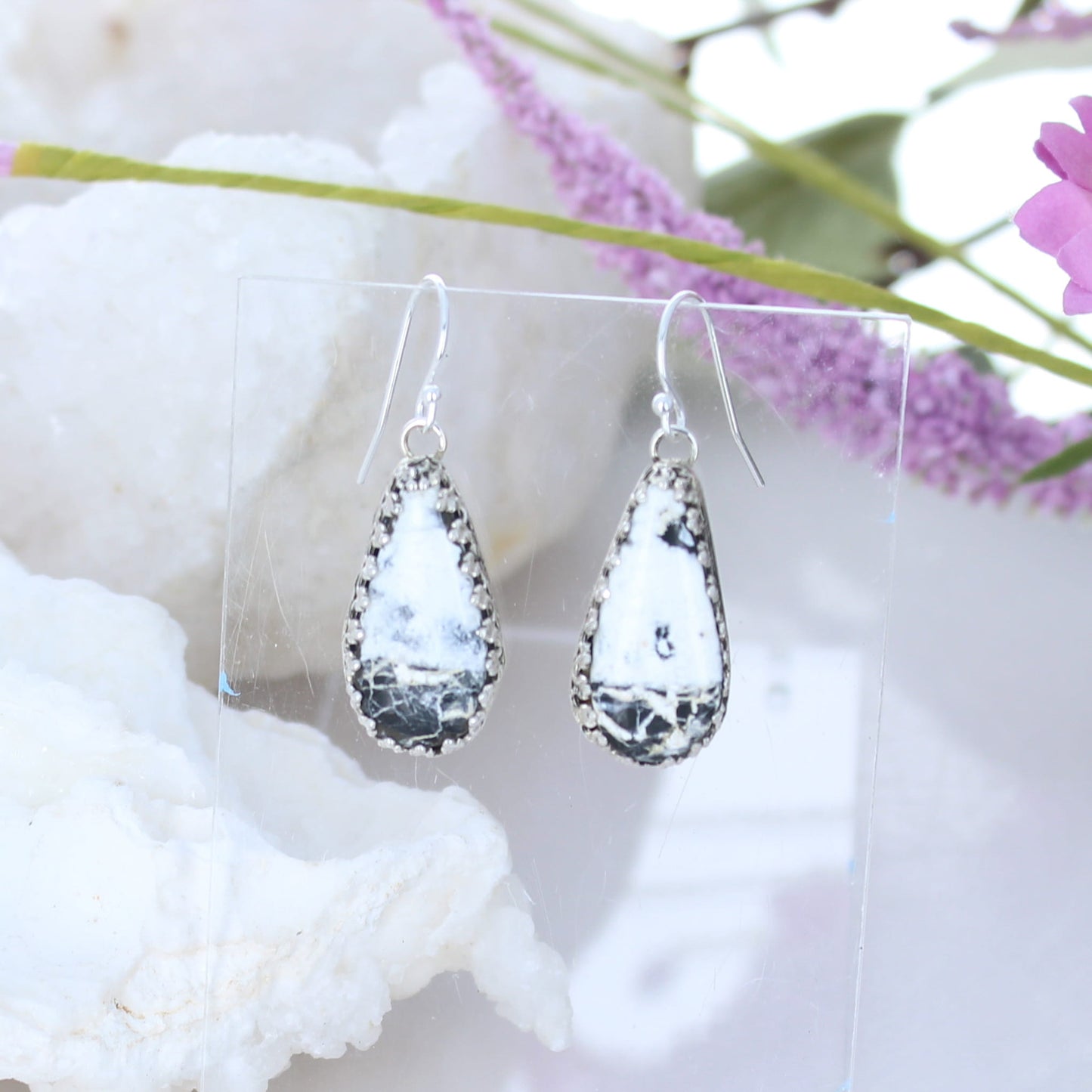 Elegant WHITE BUFFALO Turquoise Earrings Sterling Teardrops -NewWorldGems