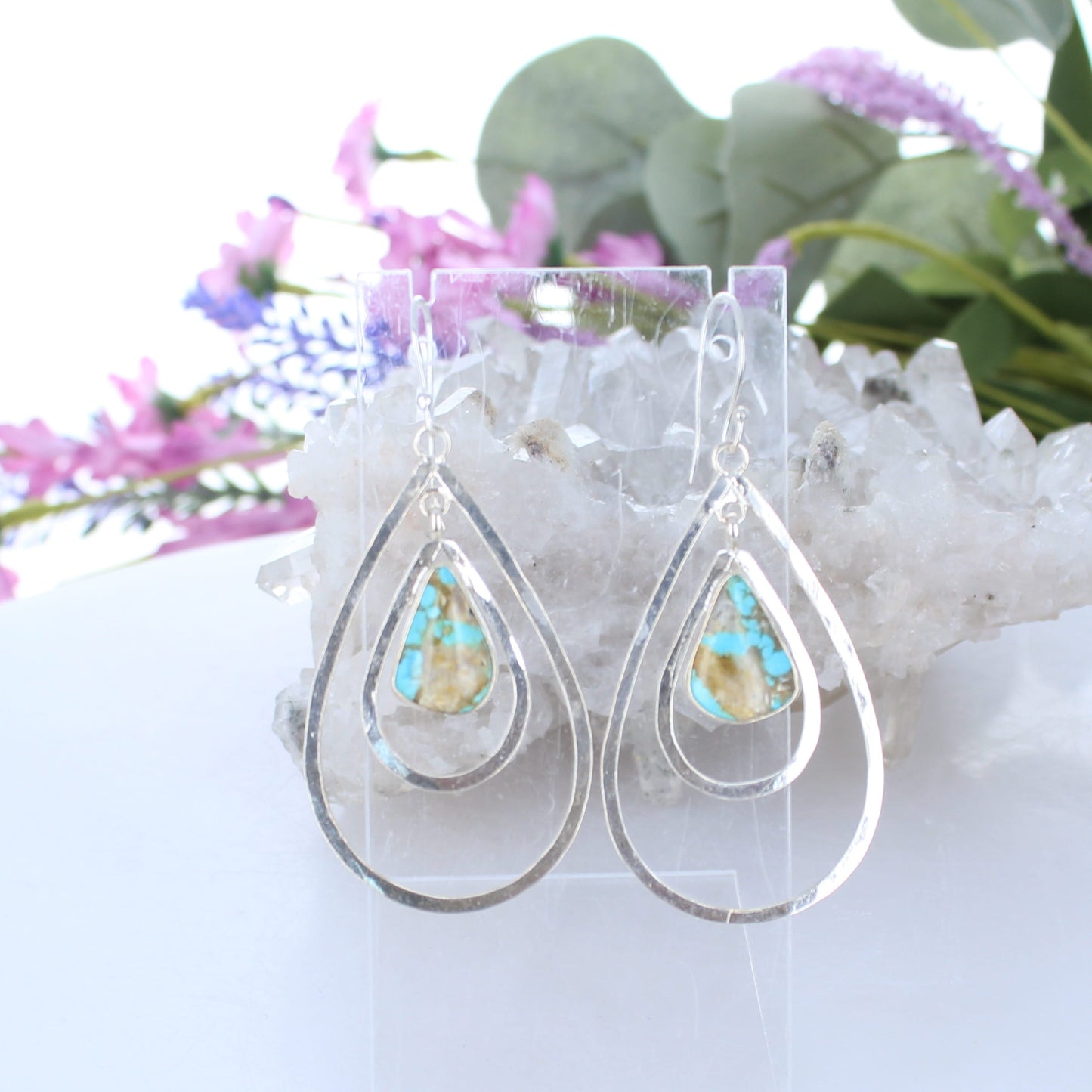 Royston Teardrop Turquoise Earrings Double Hoops Sterling Silver