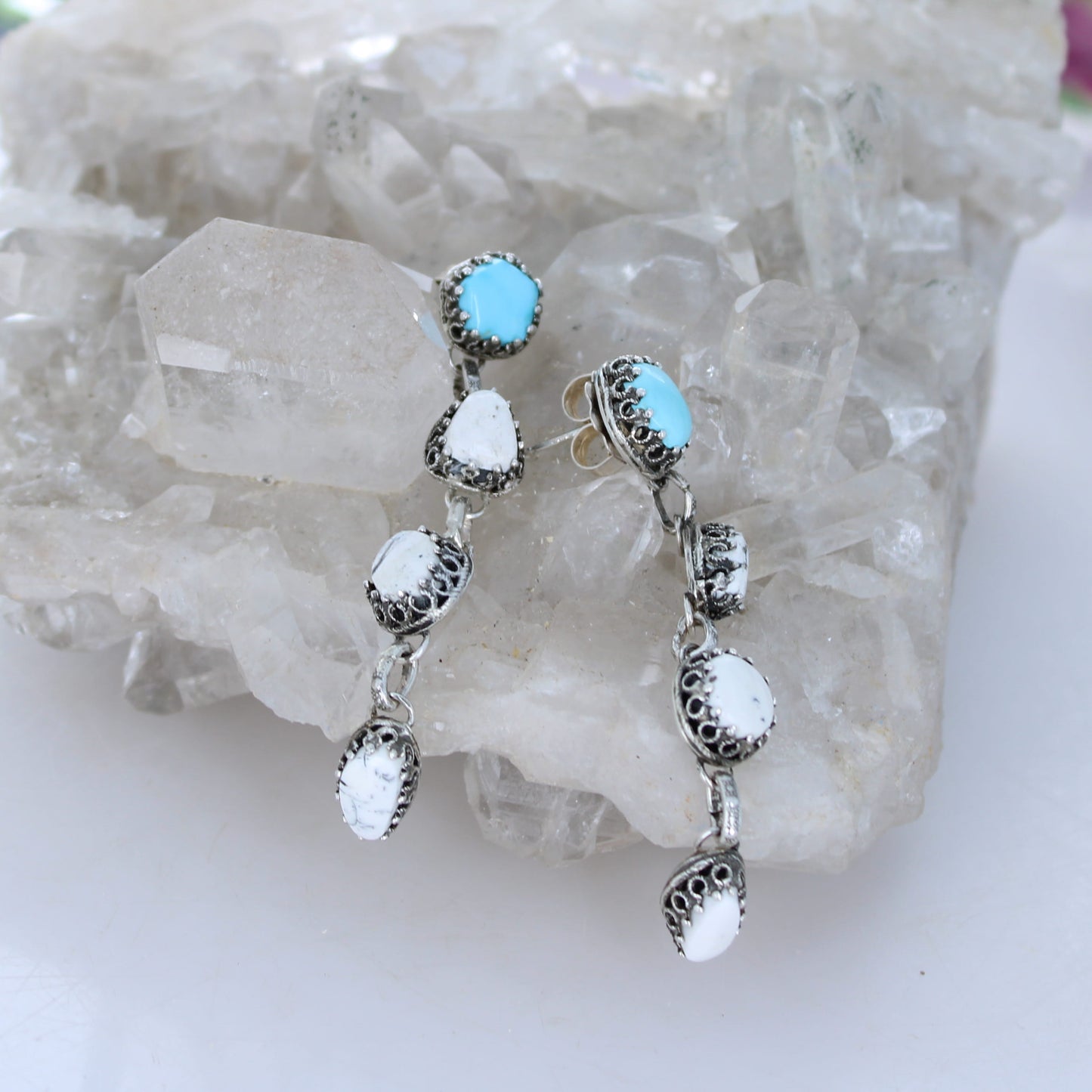 AAA Nevada LONE MOUNTAIN White Buffalo TURQUOISE Earrings 4 Stone Sterling