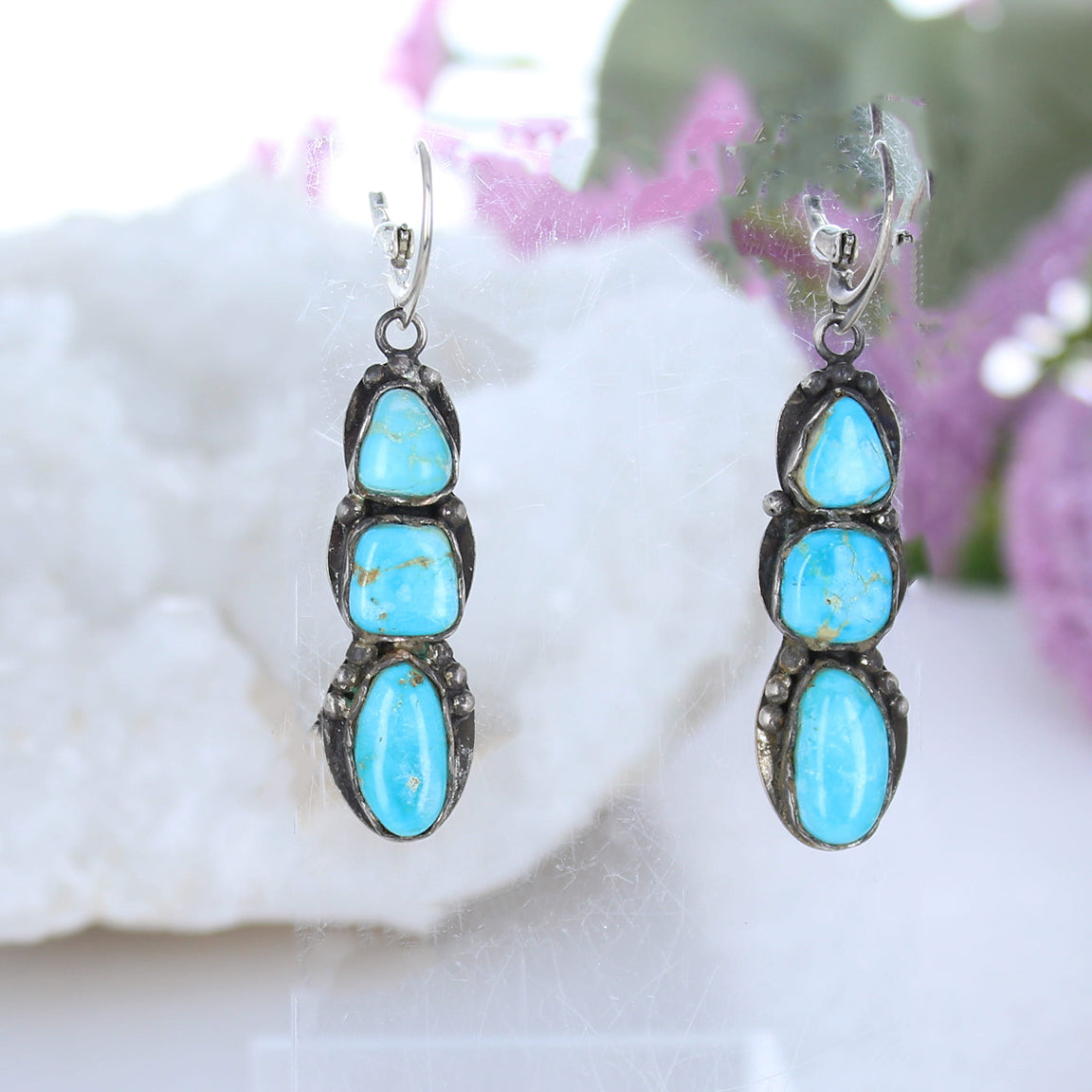 Sonoran Rose Turquoise 3 Stone Earrings Sterling Silver Unique Southwest