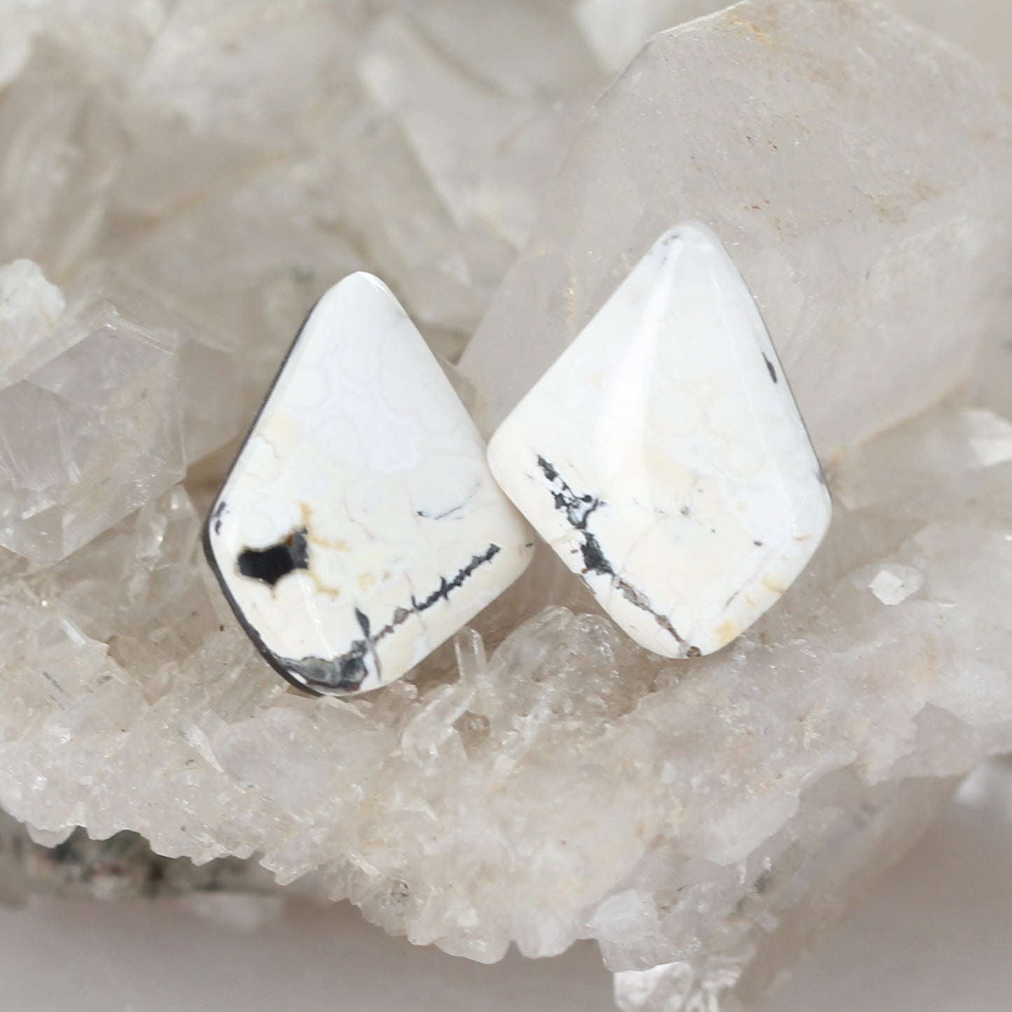 Dramatic Rare White Buffalo Turquoise Cabochon Pair Components