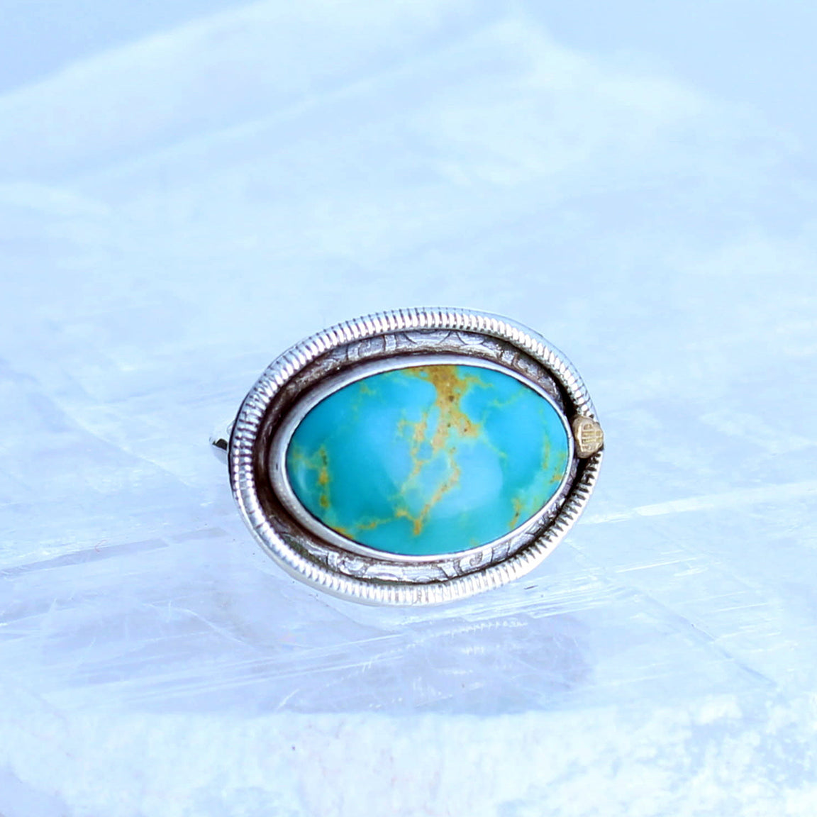 Oval Kingman Turquoise Ring 18K and Sterling Size 7