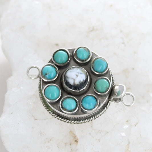 White Buffalo and Sonoran Turquoise Clasp Sterling Silver 9 Stone Round