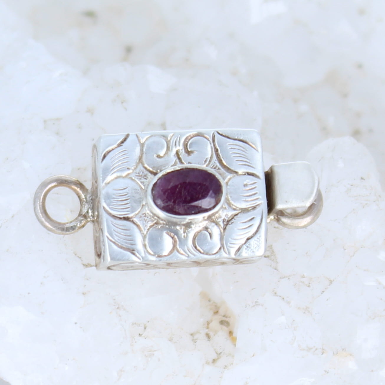 Genuine Faceted Ruby Clasp Sterling 4x6mm Etched Design -NewWorldGems
