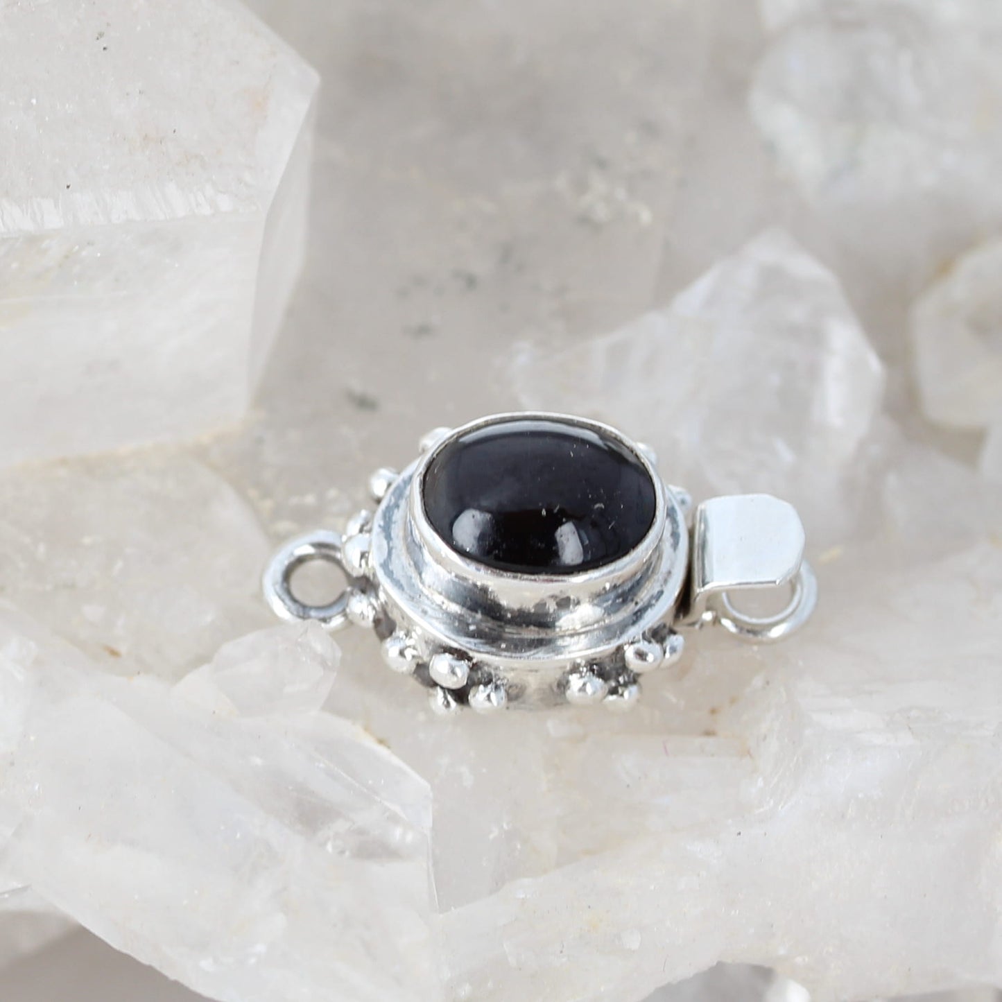 Black Catseye Moonstone Clasp 7x9mm Sterling Silver Granulated