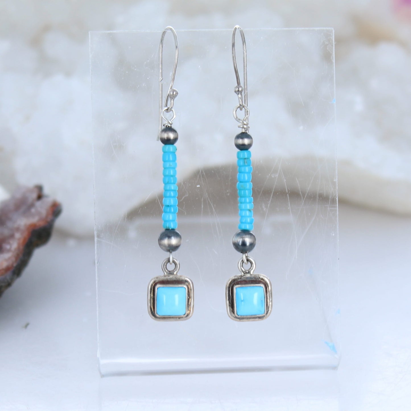 Beaded Sleeping Beauty Turquoise Earrings Sterling Silver Drops