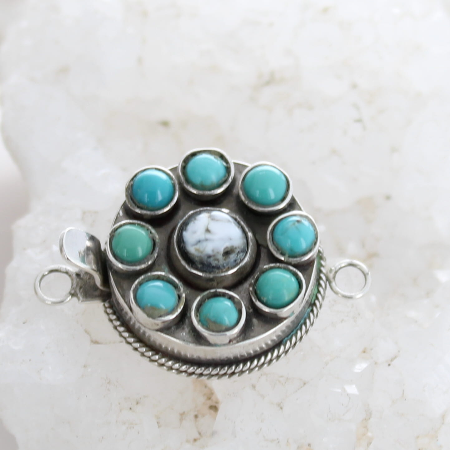 Blue Sonoran Mixed Turquoise Clasp Sterling Silver 7 Stone Round