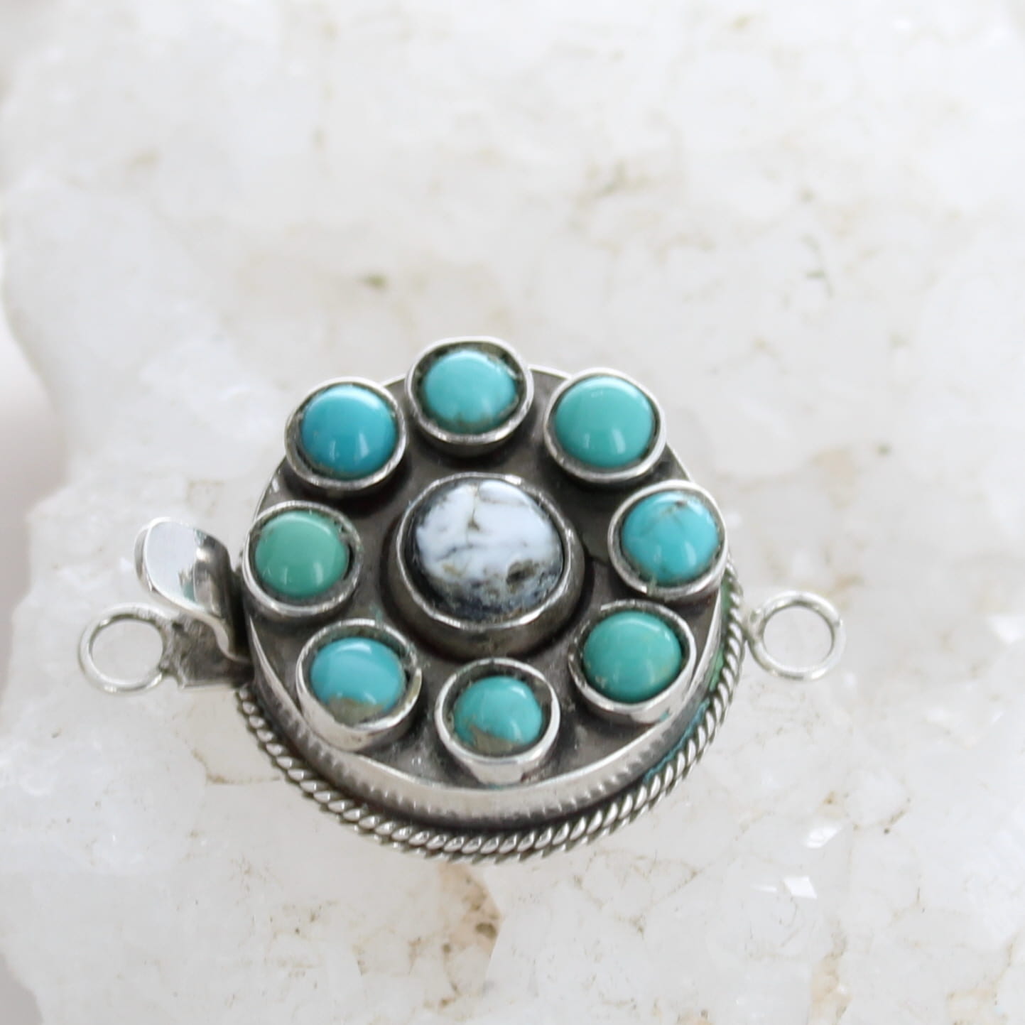 White Buffalo and Sonoran Turquoise Clasp Sterling Silver 9 Stone Round