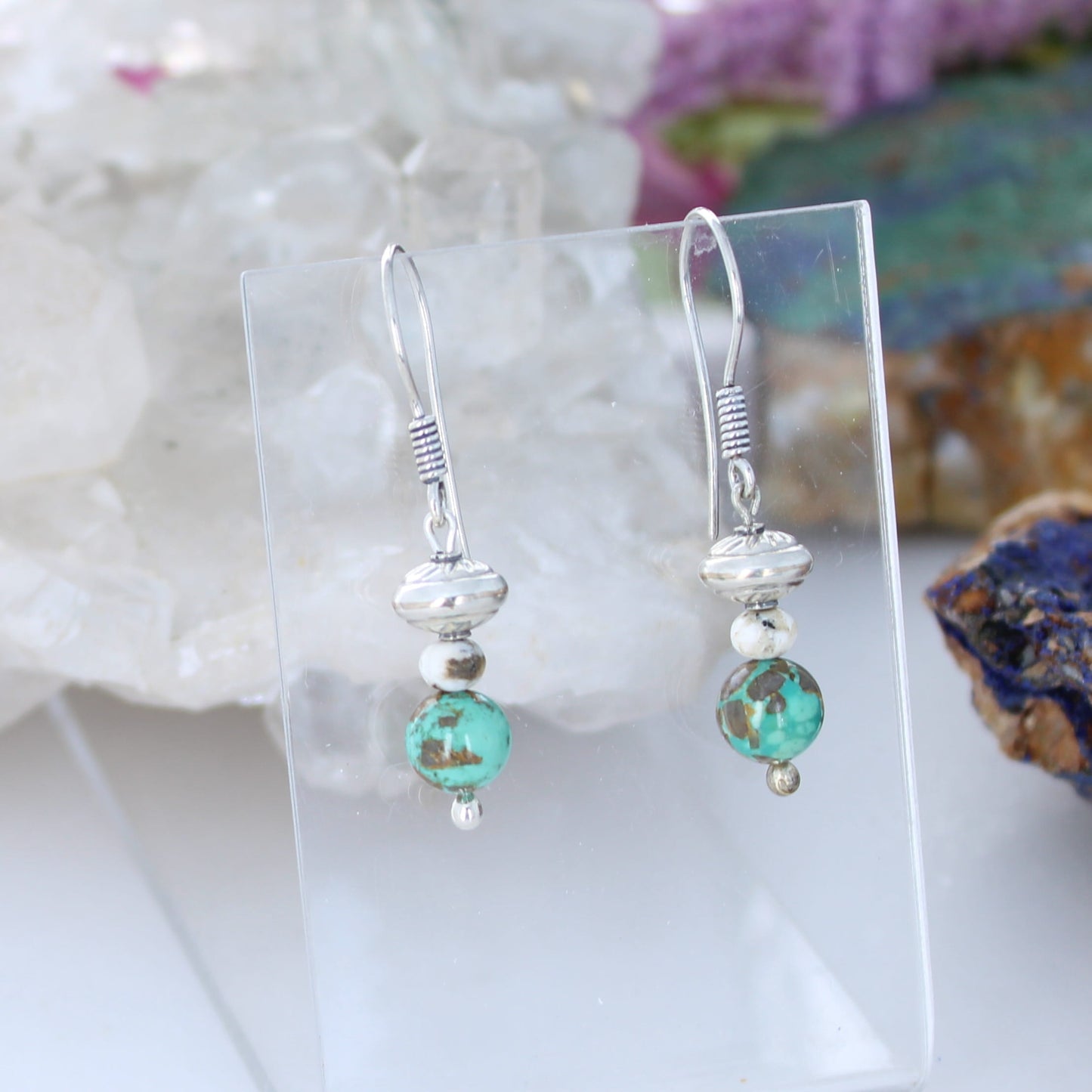 Carico Lake and White Buffalo Turquoise Sterling Earrings Drops