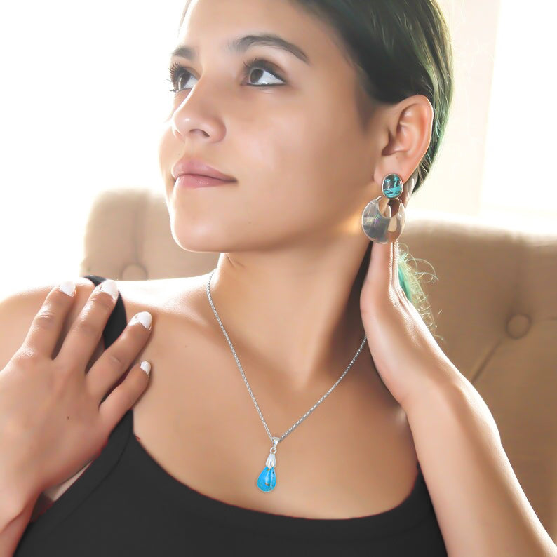 Vivid Blue GEM PERUVIAN OPAL Teardrop Necklace Pendant Sterling #2