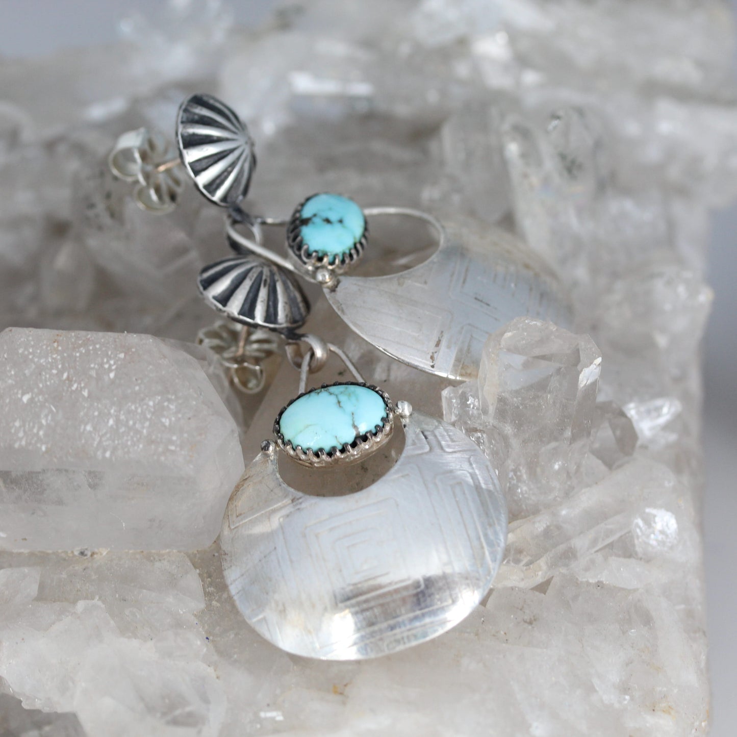 DRY CREEK Turquoise Earrings Sterling Sunburst Posts Moon Shaped