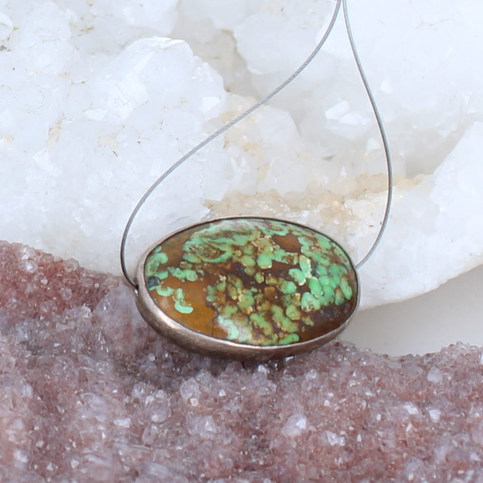 Sterling Rimmed Lime Green Hubei Turquoise Centerpiece Bead 28x18mm -NewWorldGems