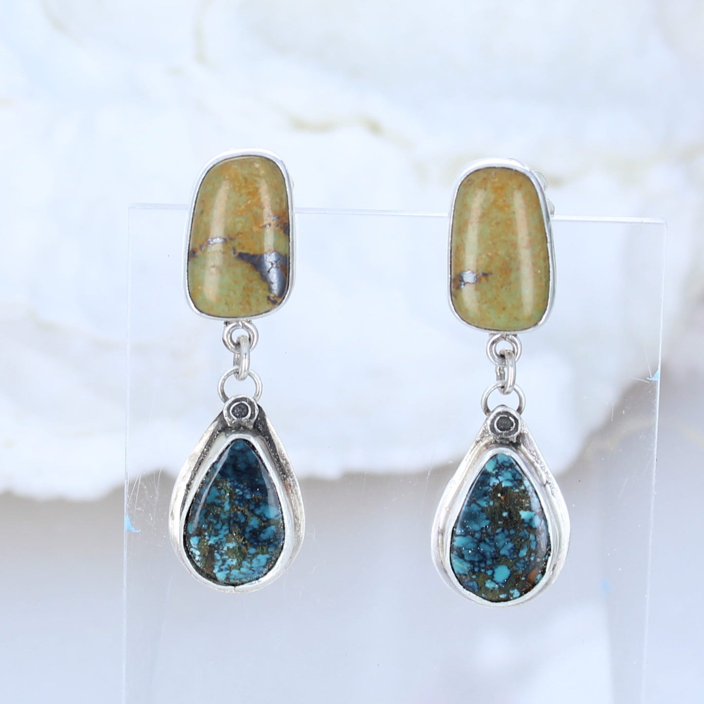 Olive Green and Deep Blue Black Hubei Turquoise Earrings Sterling -NewWorldGems