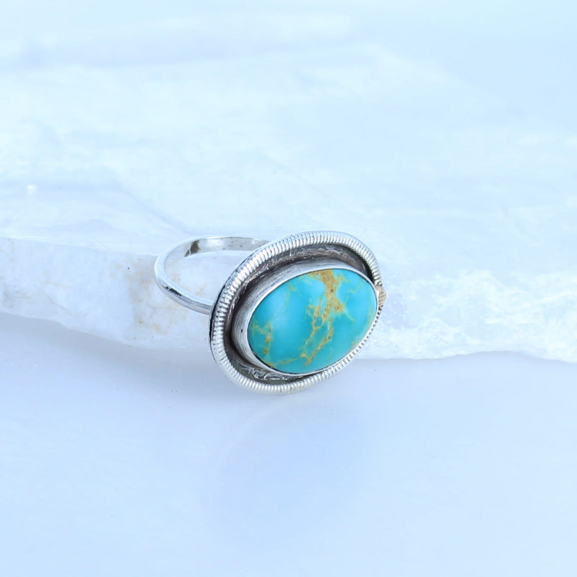 Oval Kingman Turquoise Ring 18K and Sterling Size 7