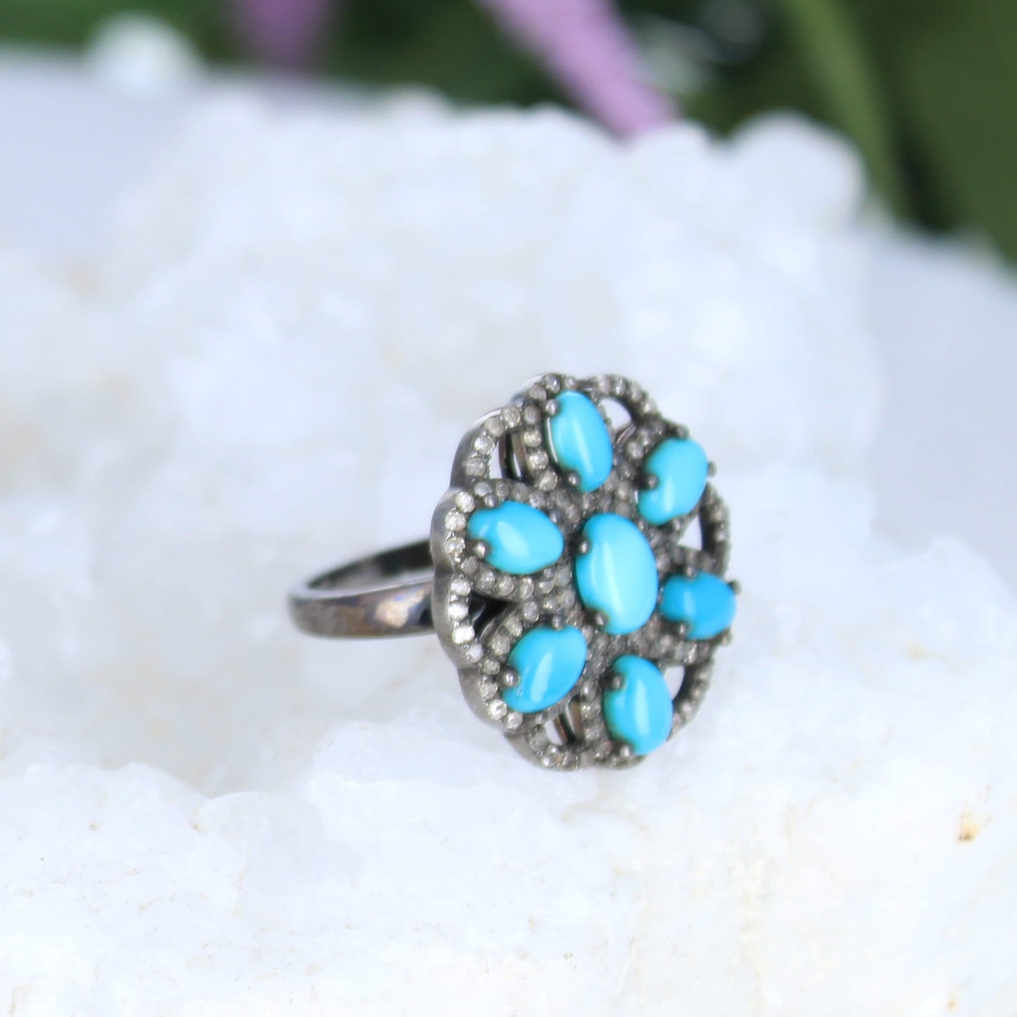 SLEEPING BEAUTY Turquoise and Diamond Cocktail Ring Sterling Silver