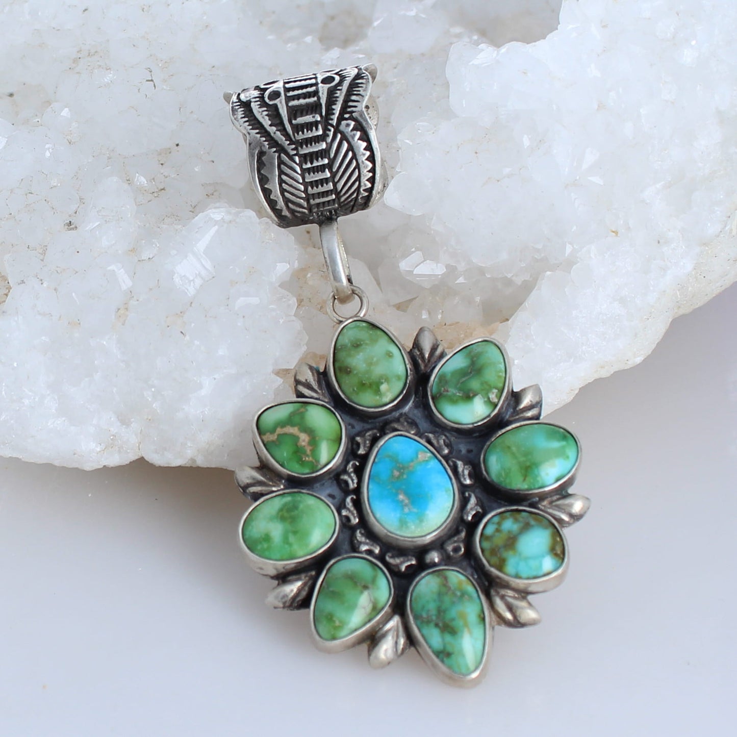 Gorgeous Sonoran Gold Turquoise Flower Pendant Sterling Southwestern Elegance -NewWorldGems