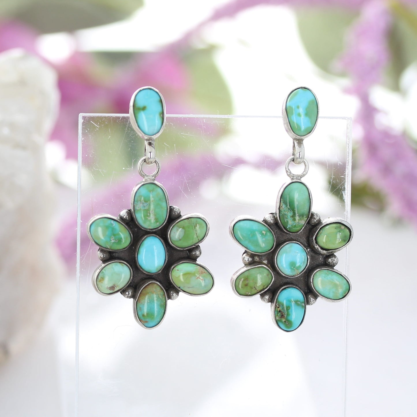 Blue Green Sonoran Gold Turquoise Flower Earrings Southwest 8 Stones NewWorldGems